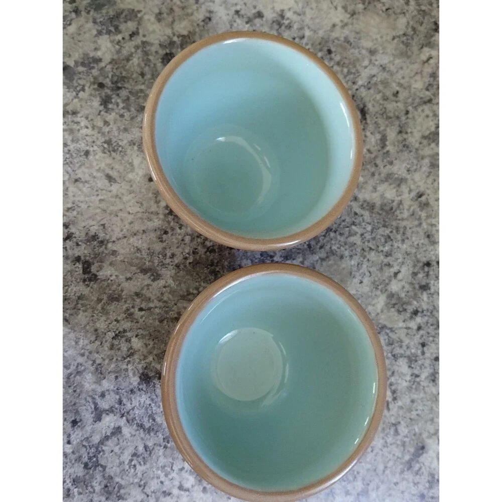 Stoneware Custard Ramekins- Tan Exterior with Light Aqua Interior (Set of 2)